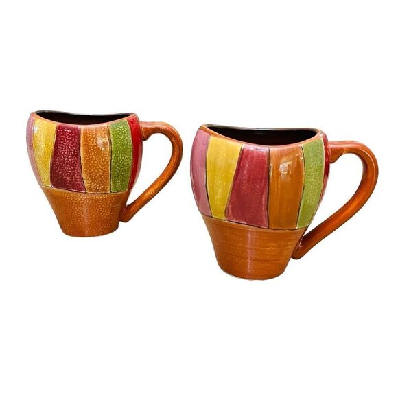 Pier 1 Wavy Stripe Hand Painted Stoneware Cup Mug  Set of 2 - Picture 1 of 11